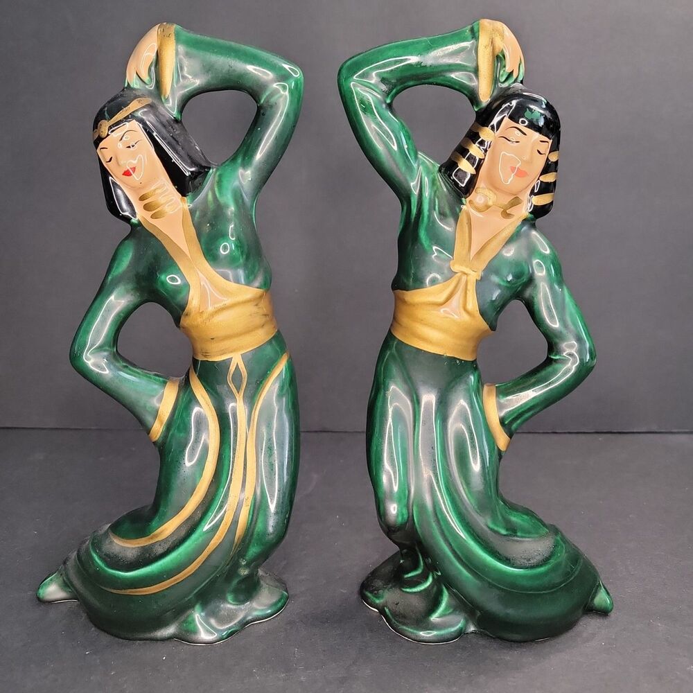 VTG 1950s Mid Century Egyptian Revival Ceramic Figurines Hand Painted Teal Gold